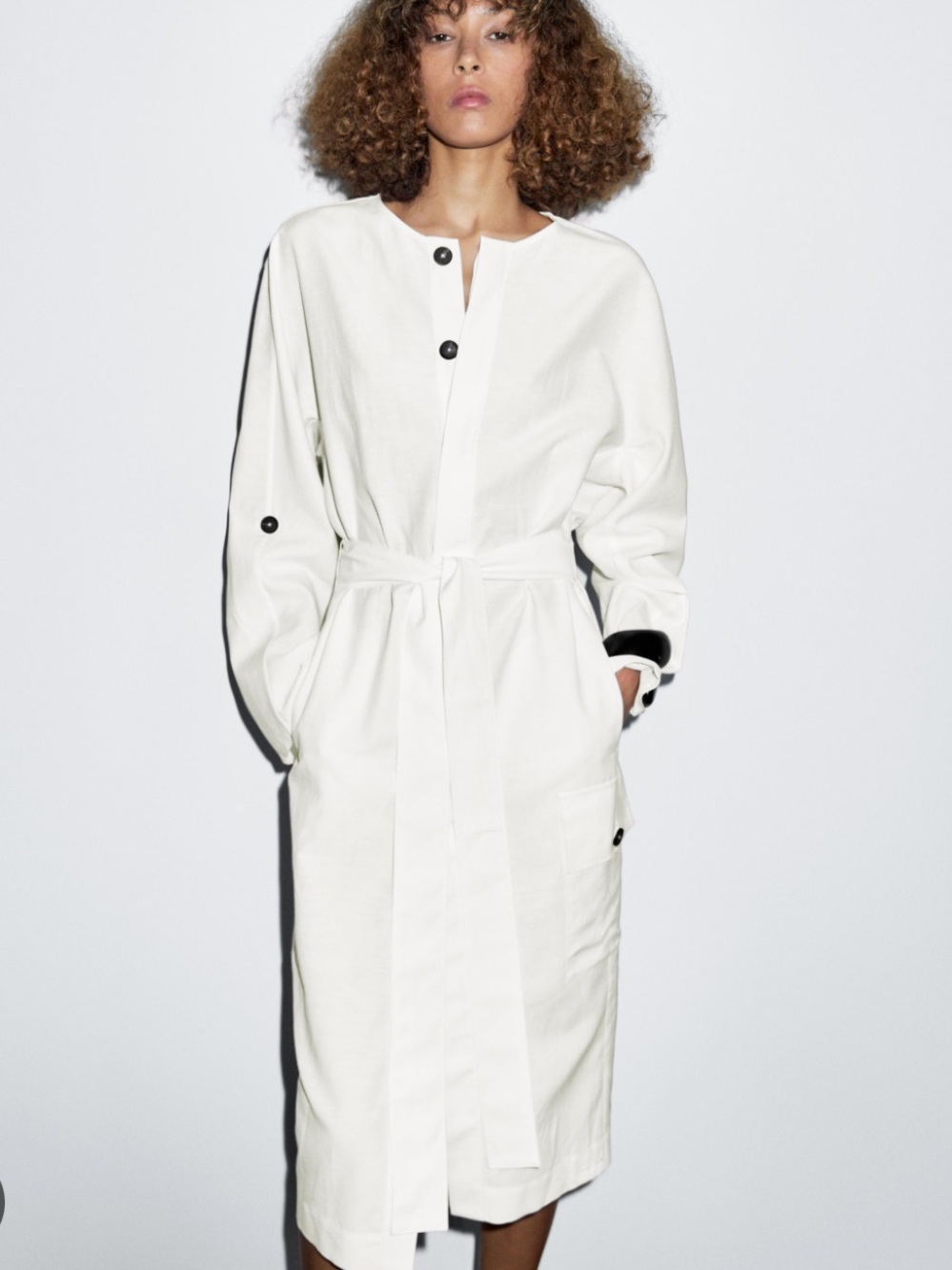 Massimo Dutti NWT white long sleeve belted linen blend midi dress with pockets S